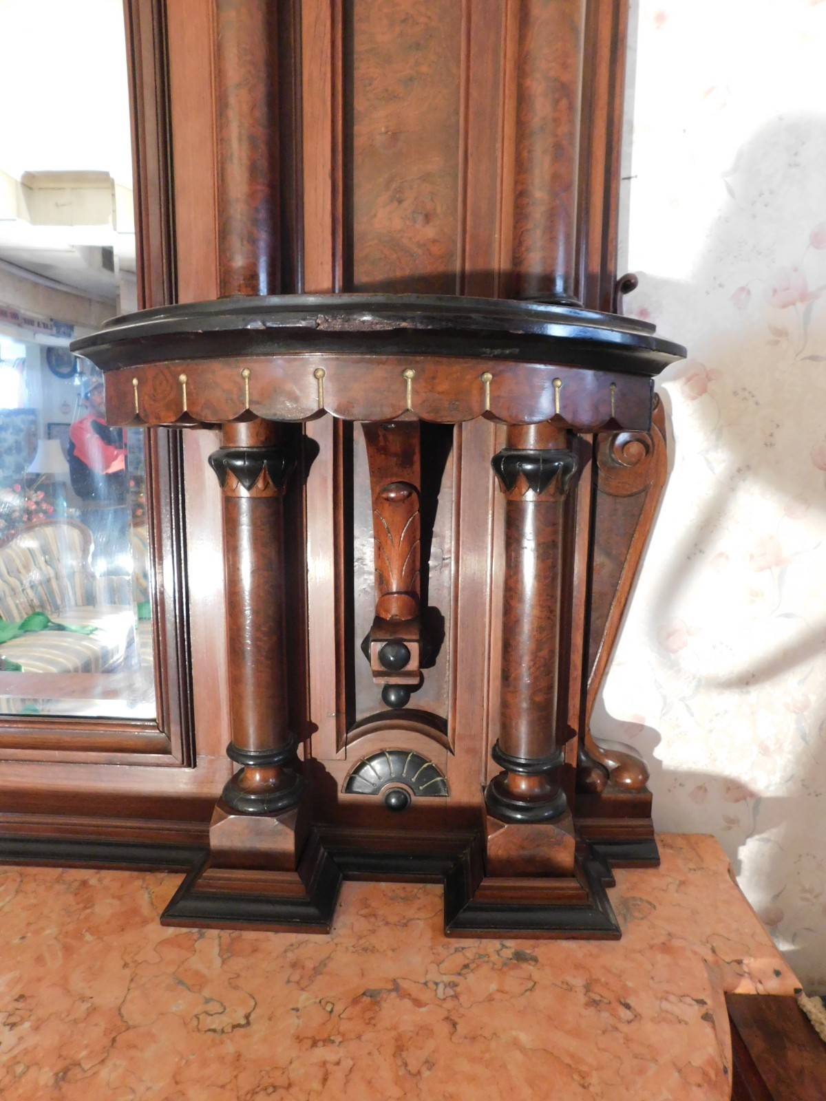 Phenomenal Marble Top Walnut Buffet Sideboard w/Ebony and Gold c1860