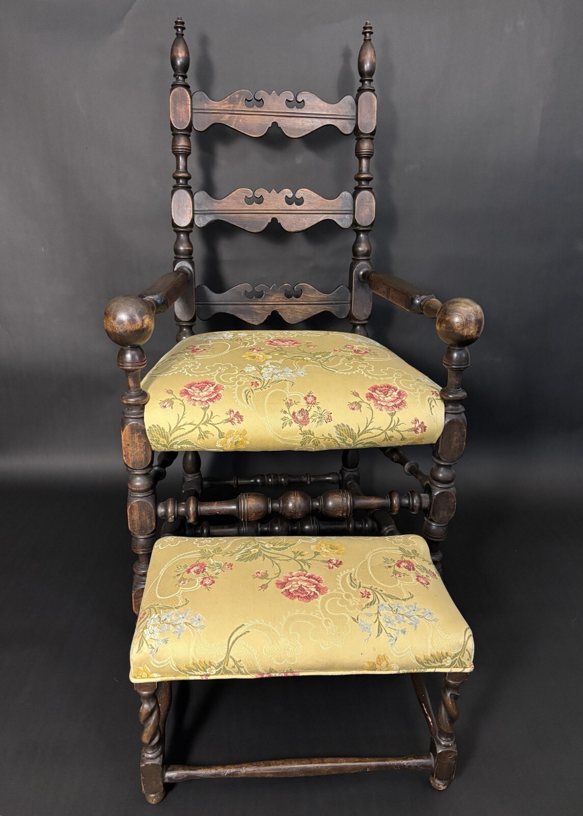 19th Century Louis XIII Style Turned Walnut Armchair With Small Ottoman – Fabric