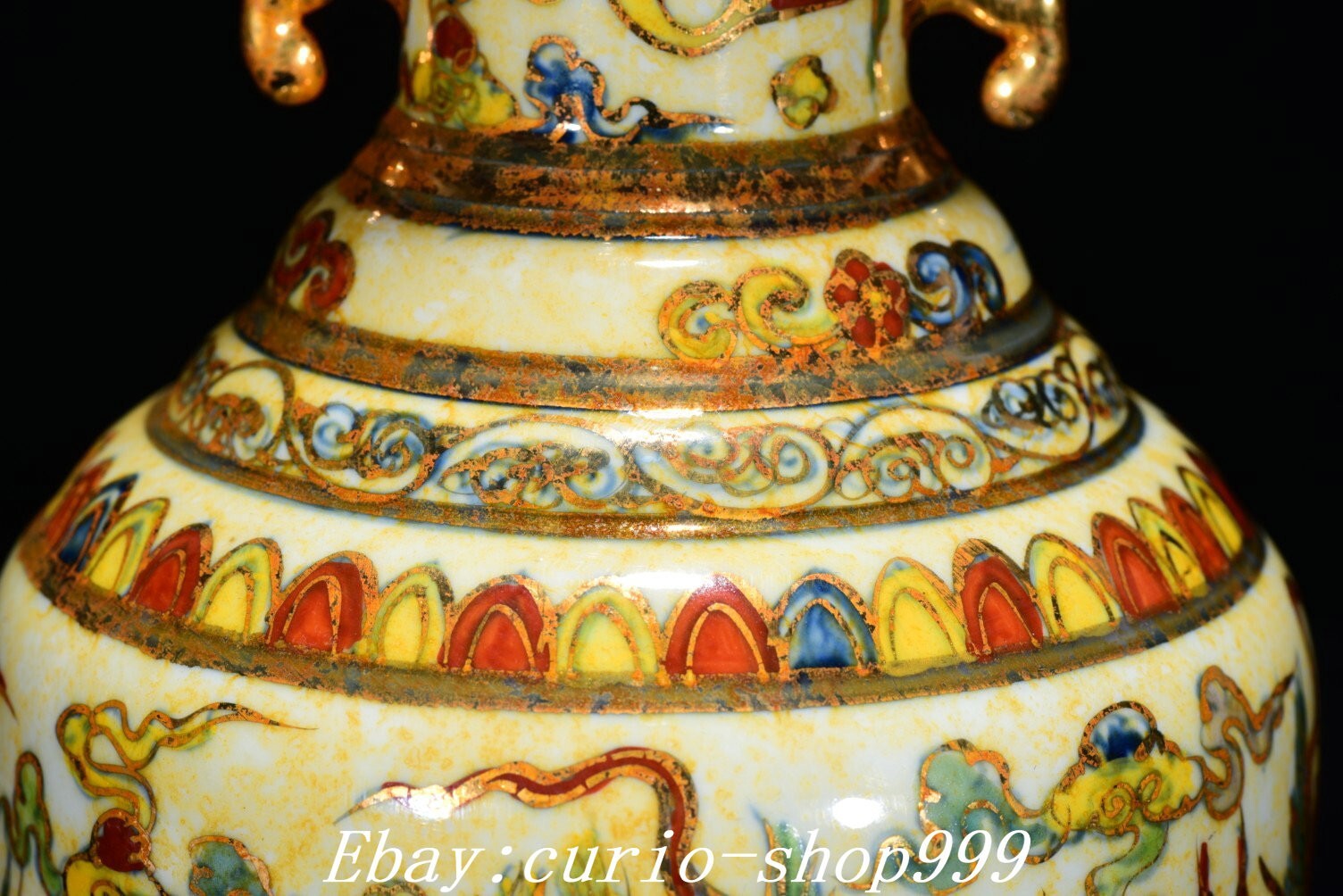 10″ Ming Dou Cai Porcelain Gilt Double Ears Dragon Phoenix Bird Bottle Vase Pair