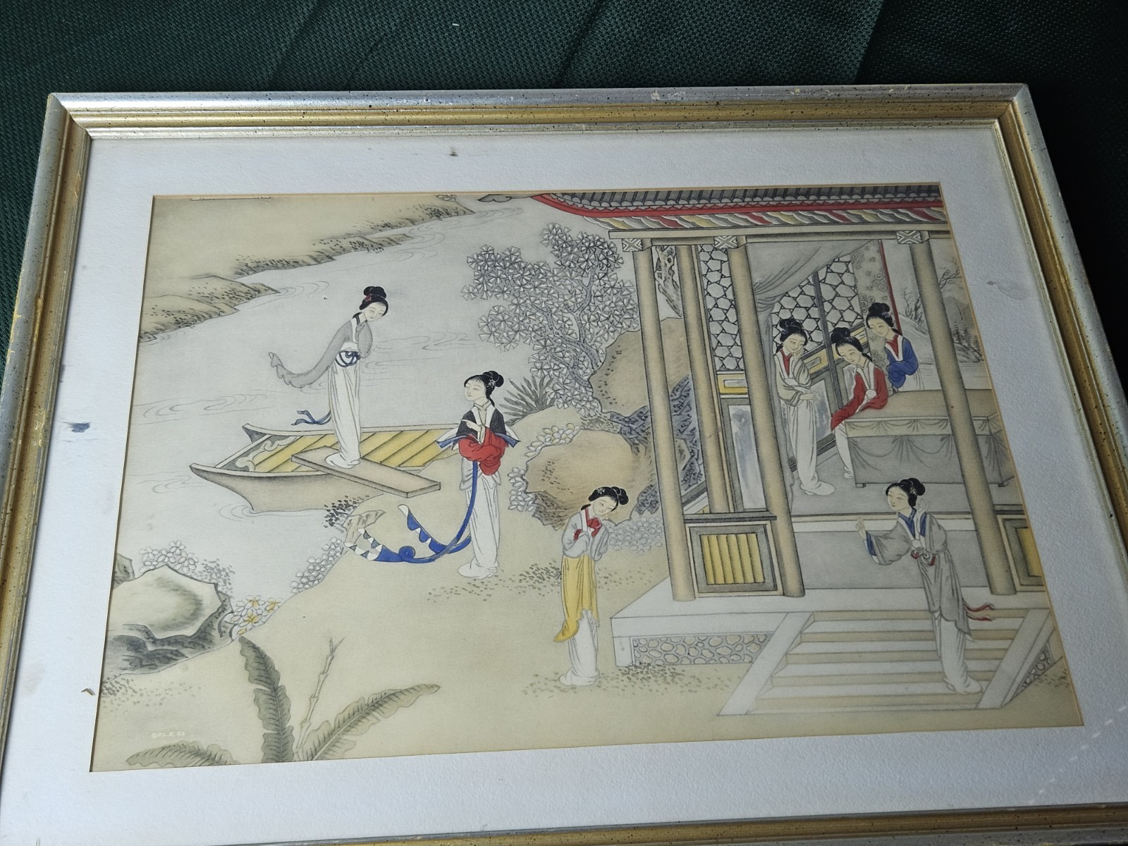 VTG CHINESE GEISHA WATERCOLOR AND INK PAINTING Signed FRAMED 15×20″
