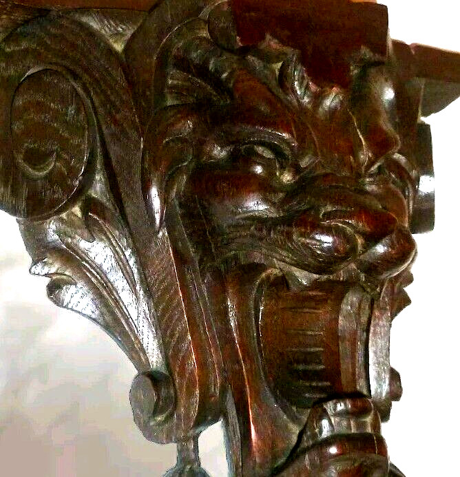 FRENCH ANTIQUE CARVED WOOD OAK DECOR PEDIMENT DEVIL SATAN circa 19th 40 x 36cm