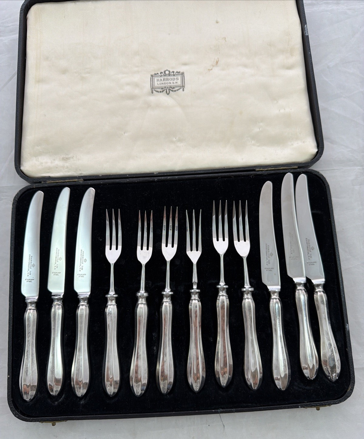 Harrods London S.W. Set of Antique Silver-Plated Dessert Forks & Knives w/ Case