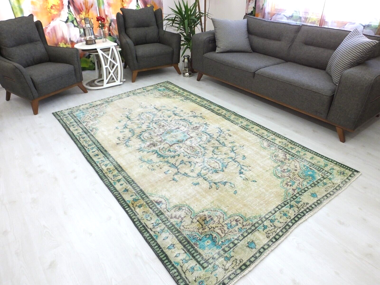 Oriental Bordered Turkish Vintage Rug, 5.4x9ft, Antique Beige Handmade Rug