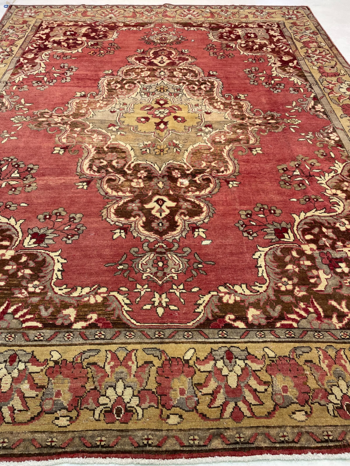 Antique Oriental Hand-Knotted Wool Area Rug Turkish Oushak Red/Ivory 8’3″ x 11′