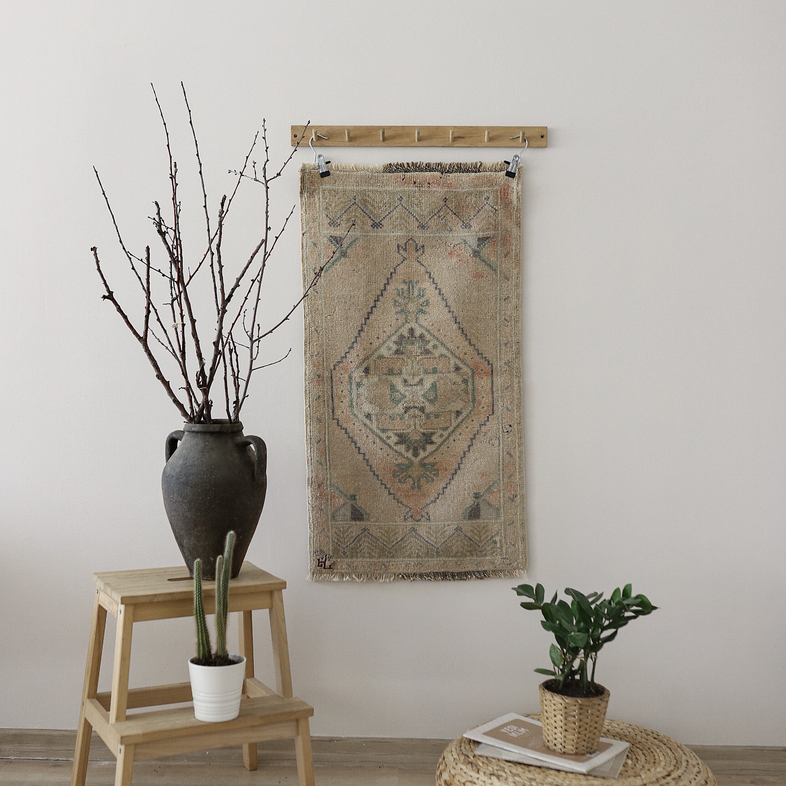 Vintage Turkish Small Rug Handmade Wool Door Mat Tribal Geometric 1.7×3.3 ft