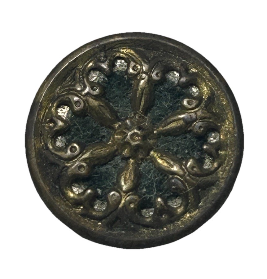 Antique Shank Button Bluish Gray Velvet Encased Under Gold Tone Floral Design