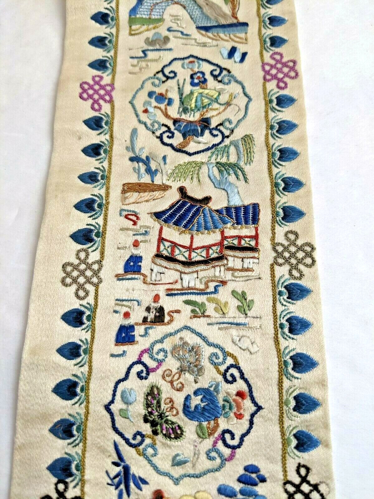 Antique Chinese Qing Hand Embroidered Silk Panel Band 36″ Intricate Design 19thC
