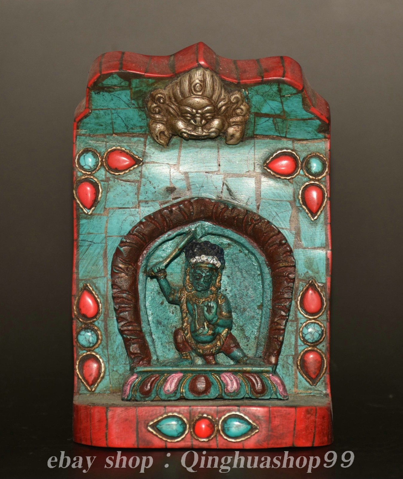 4.8″ Tibet Buddhism Copper Inlay Gem Sit Wenshu Manjushri Goddess Statue Thangka