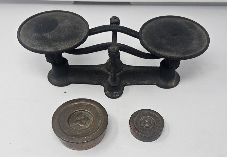 Standard Country Store Counter Balance Scale Cast Iron Black Vintage w 2 Weights