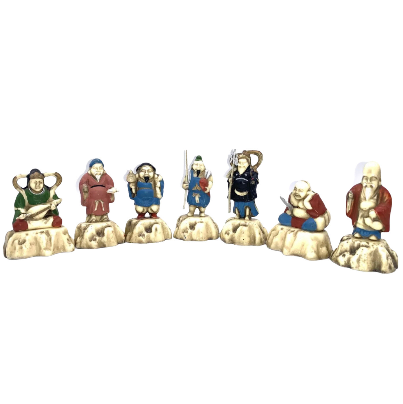 Vintage 1960’s Chinese Seven Immortals Figurines Resin/Plastic Souvenirs 2.75”H
