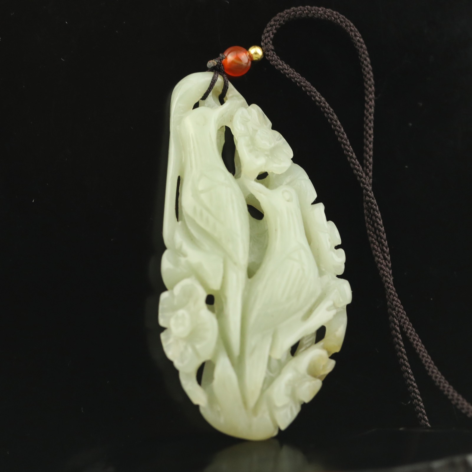 Natural hetian jade hand-carved double bird and flower pendant #43