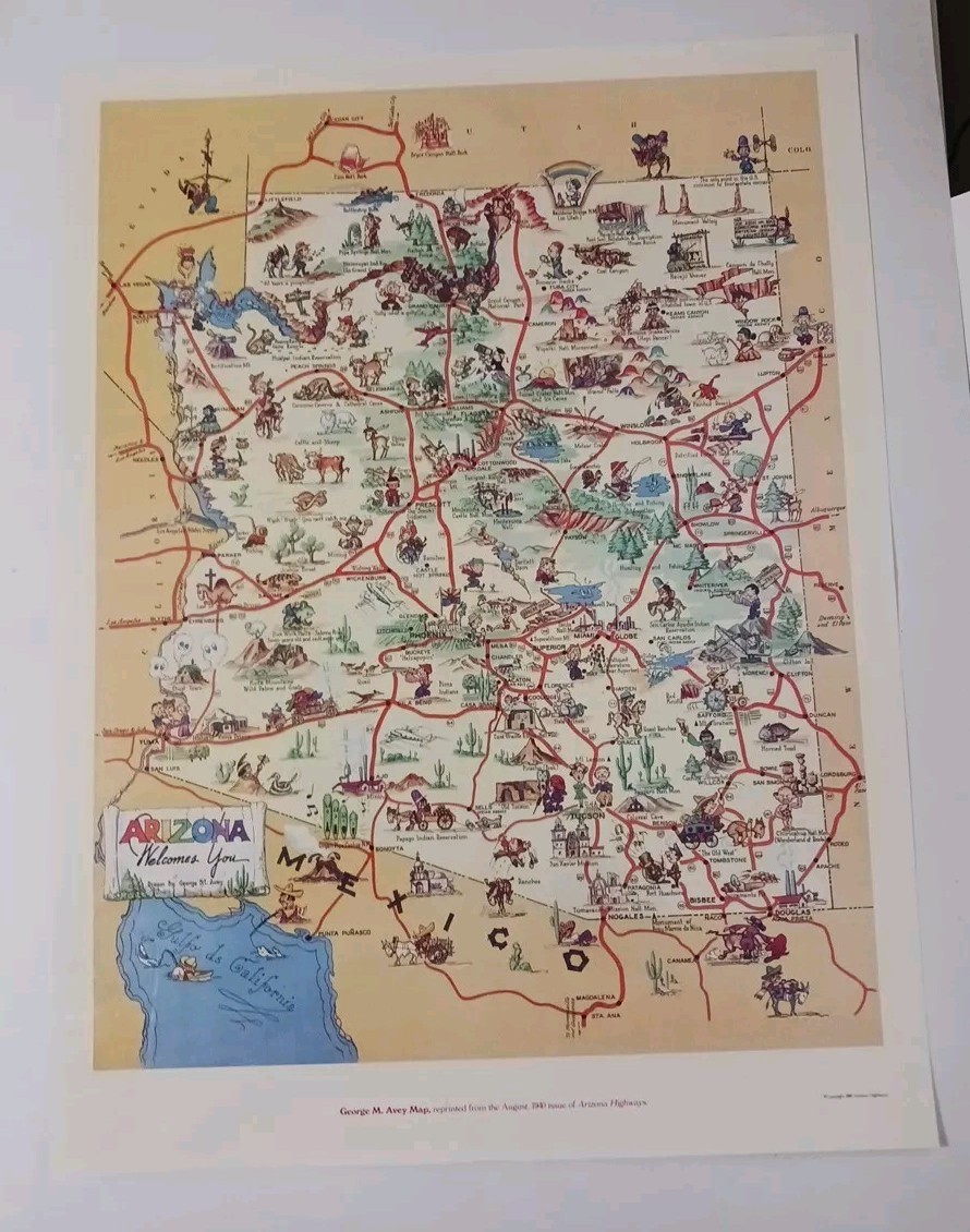 George M. Avey Arizona Welcomes You! 1986 Pictorial Cartoon Humor Tourist Map