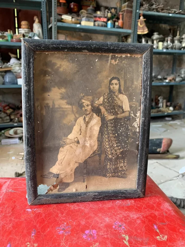 Vintage Indian Couple Man Woman Portrait Tinted Black & White Photograph Framed