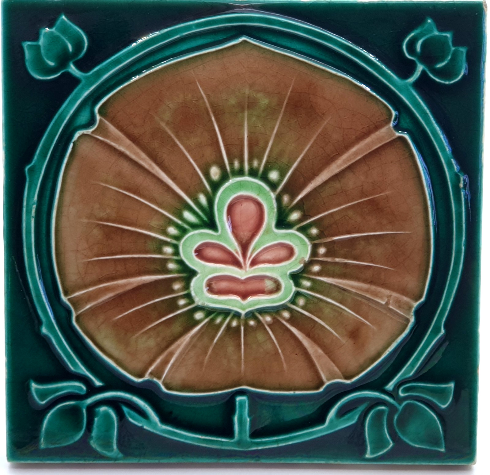 Scarce Antique Fireplace Tile Green Floral Majolica by Henry Richards C1907 AE3