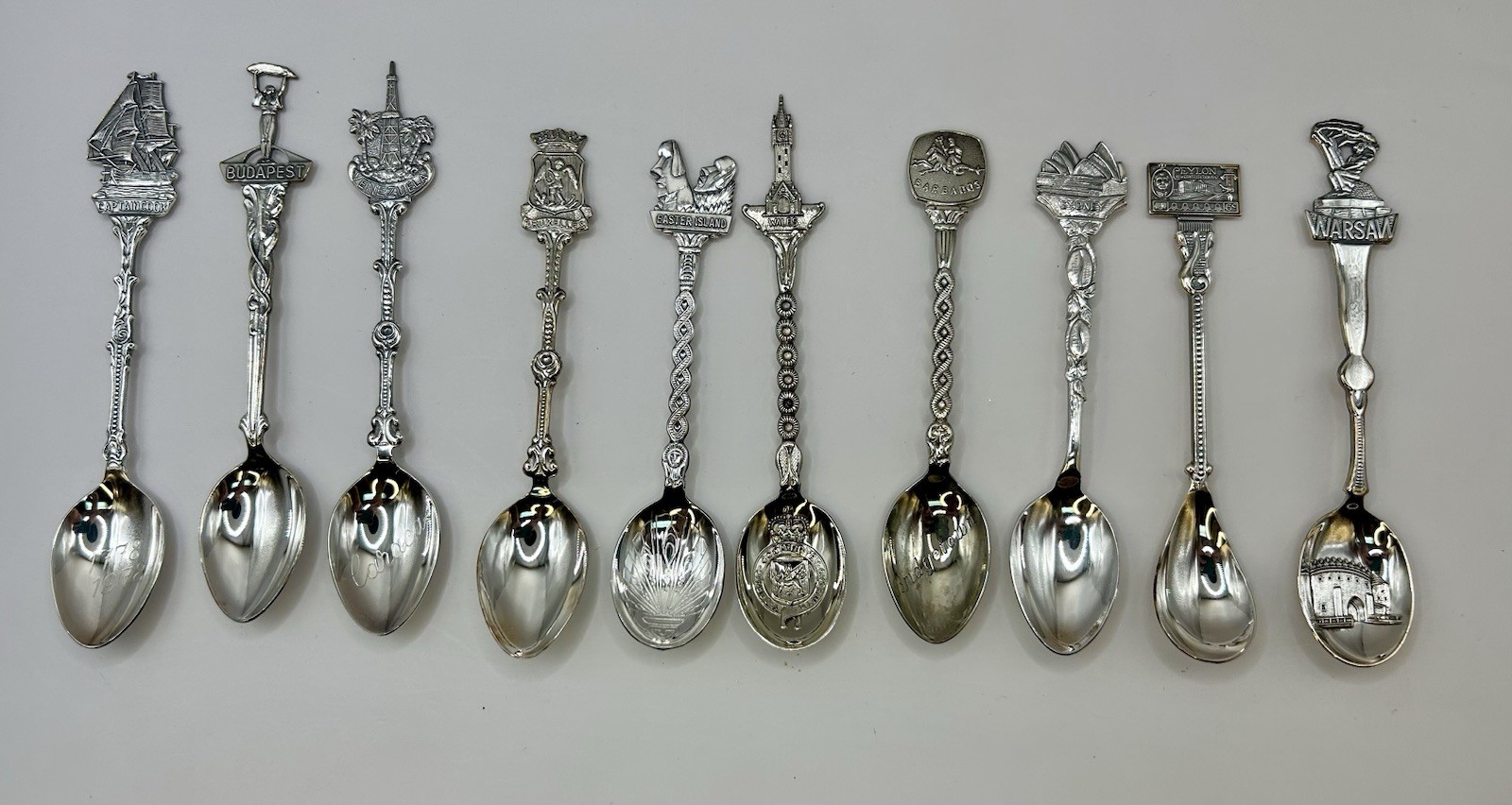 (10) Silver plated Souvenir Spoons, 1970’s, Budapest, Easter Island, Sydney