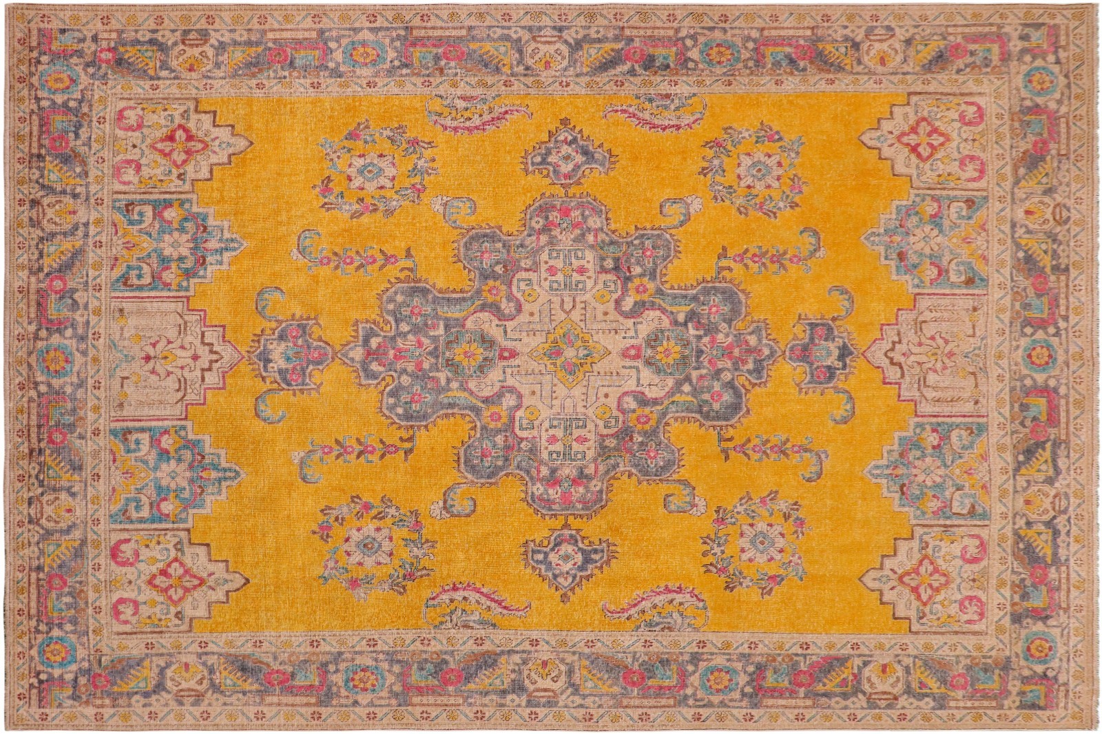Bold Hand-Knotted Wool Area Rug – Saffron Yellow & Gray Medallion 9’10” x 12’7″