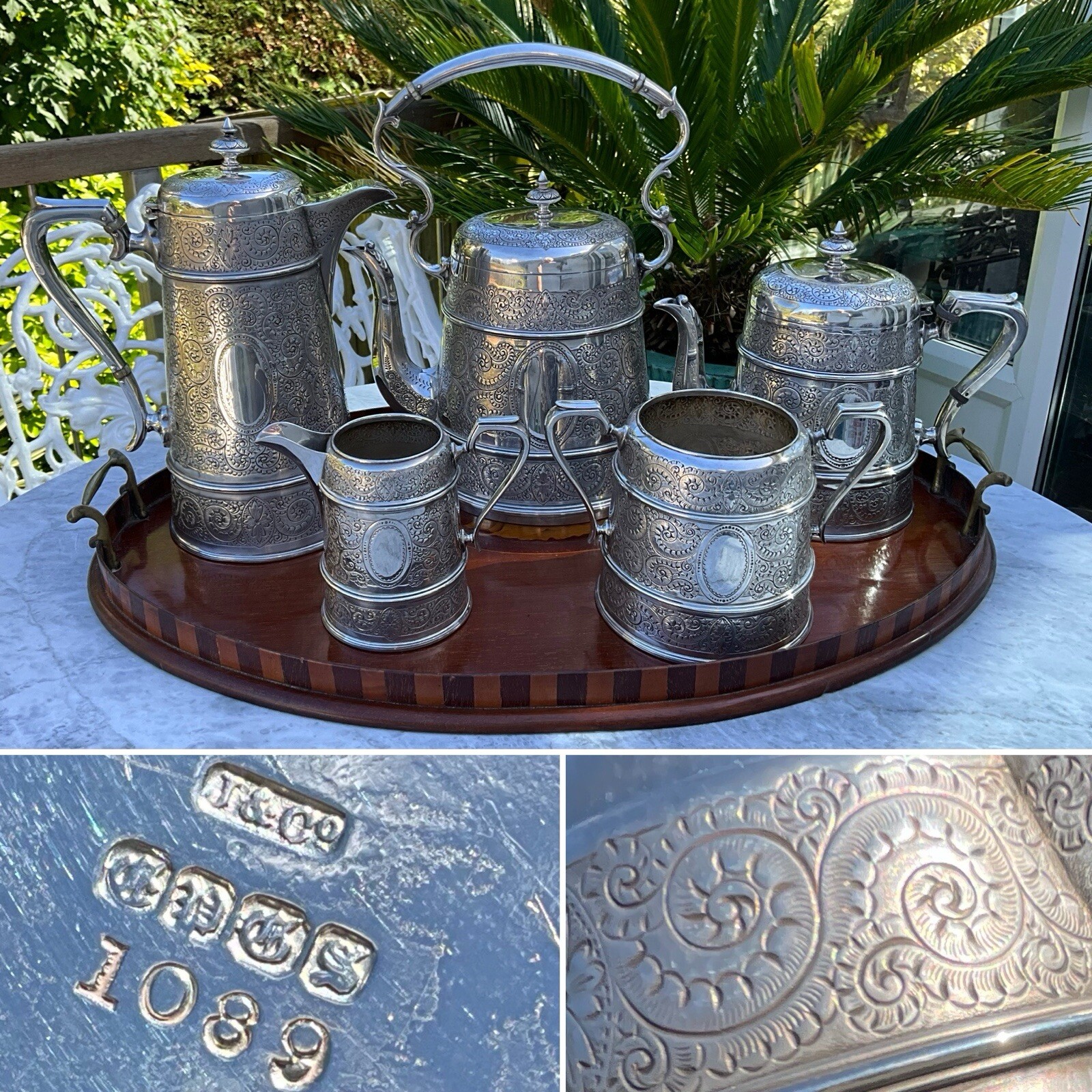 HUGE RARE ANTIQUE 5 Piece 12” TEAPOT SET VICTORIAN SILVER PL JOHNSON & CO C1879