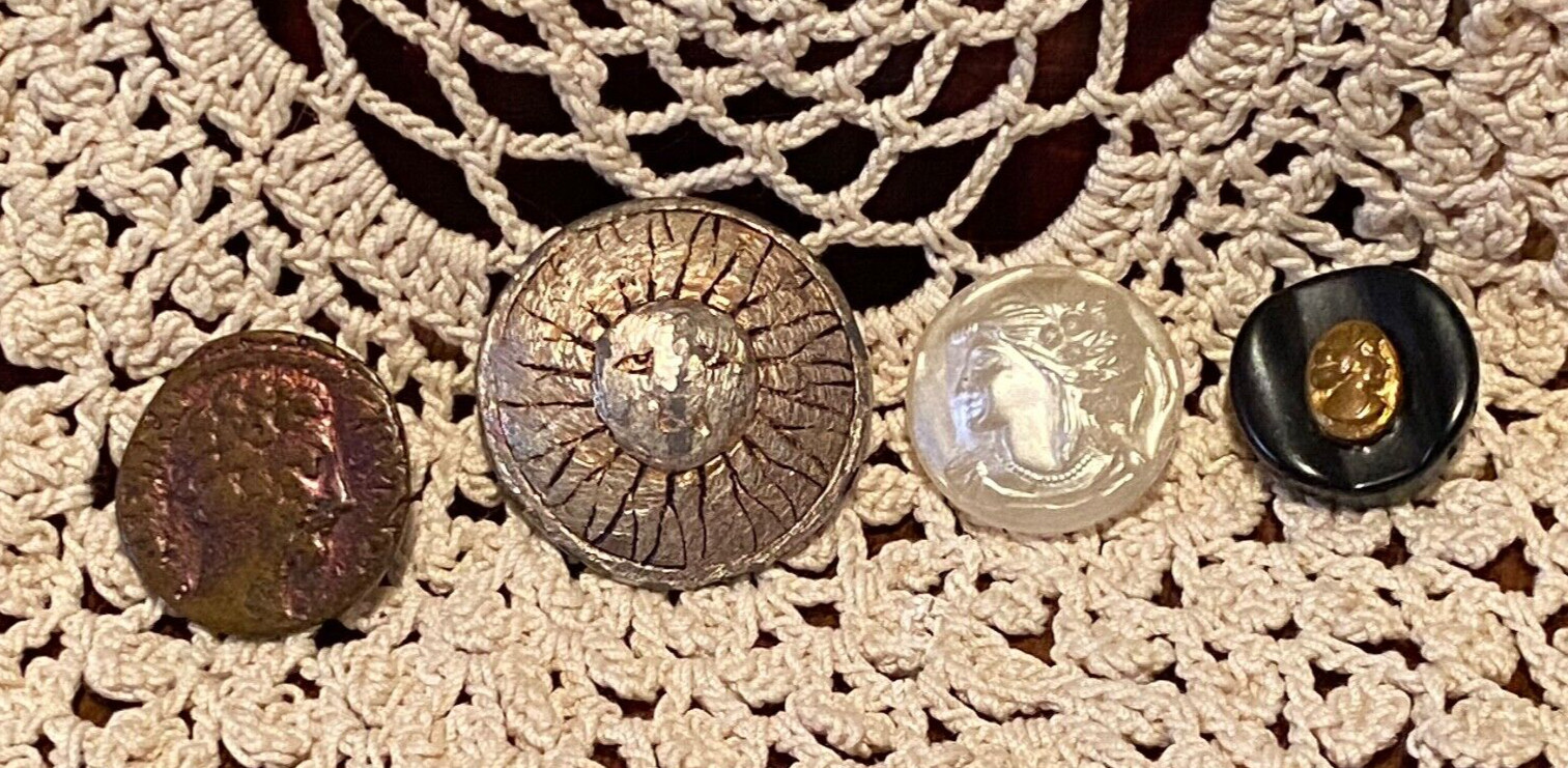 4 Vintage Head Face Metal, Glass, Brass, Tinted Buttons
