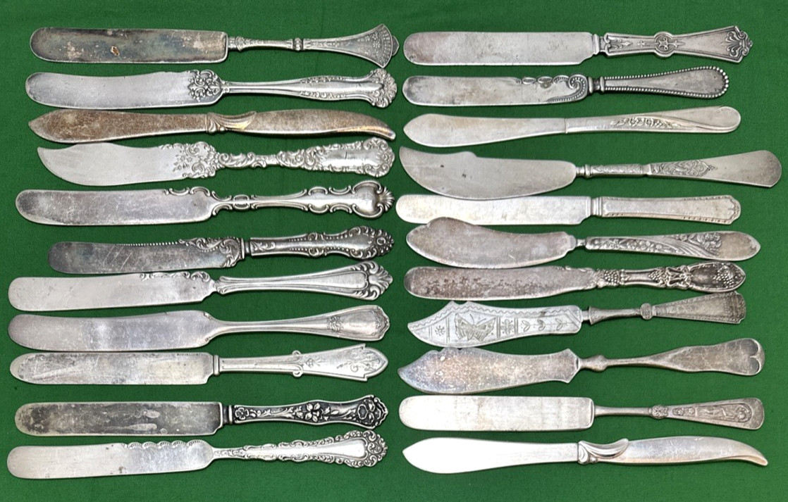 20 Pc Antique to Vintage LONG FLAT BUTTER KNIVES 6.75″ – 7.75″ Silverplate Mix