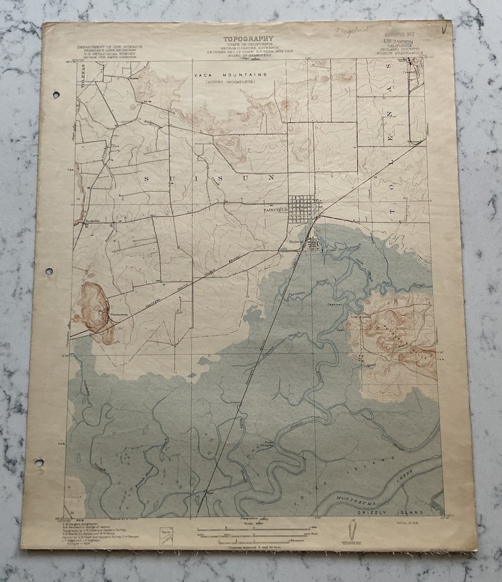 ANTIQUE SUISUN CALIFORNIA GEOLOGICAL SURVEY TOPOGRAPHICAL MAP 1918 USGS