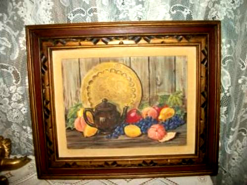 MID CENTURY FRUIT OIL PAINTING STILL LIFE 1960s CARVED PERIOD MEXICO FRAME