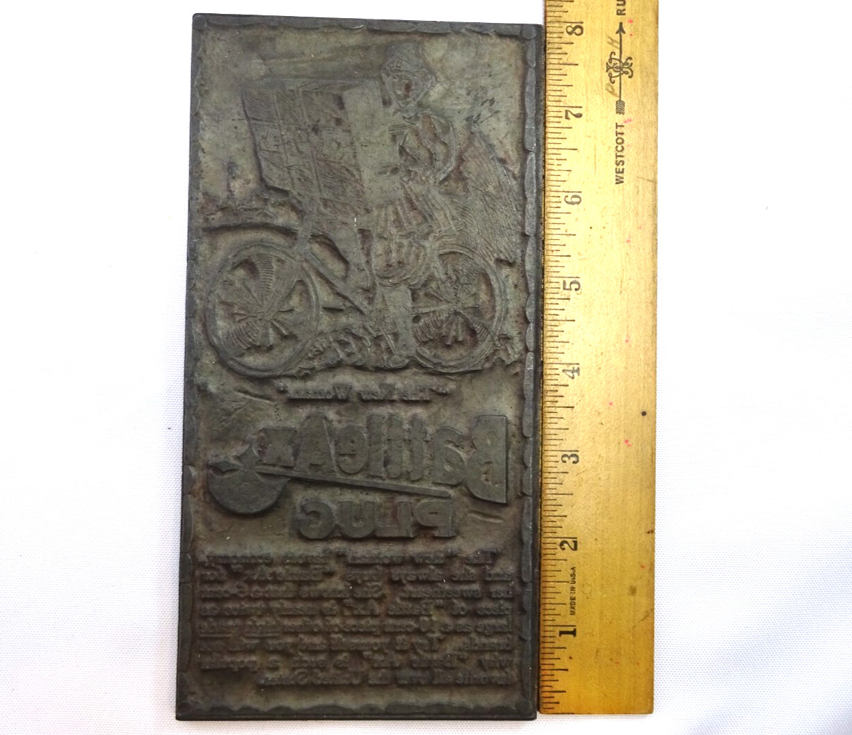 8″x4″ METAL PRINTERS ADVERTISING PLATE BATTLE AX PLUG TOBACCO NEW WOMAN ON BIKE