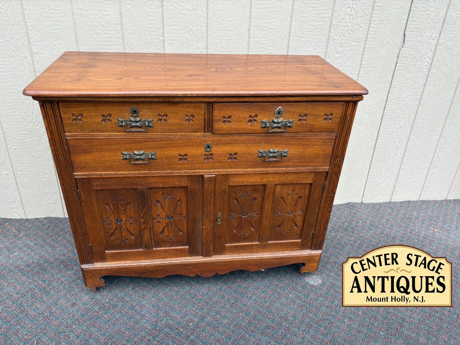 67625 Victorian Oak Buffet Server with Carved Details and Brass Hardware