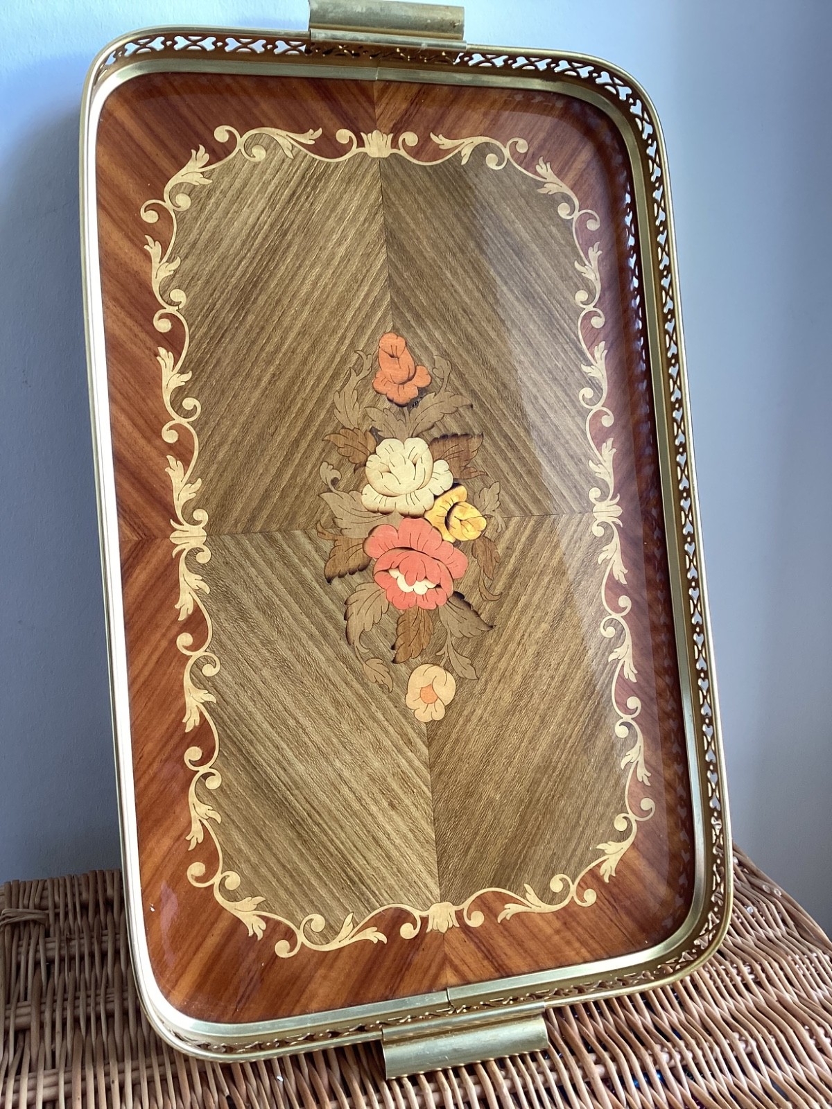 Vintage Sorrento Serving Tray Wood Floral Marquetry Inlay and Gilded Metal 20in