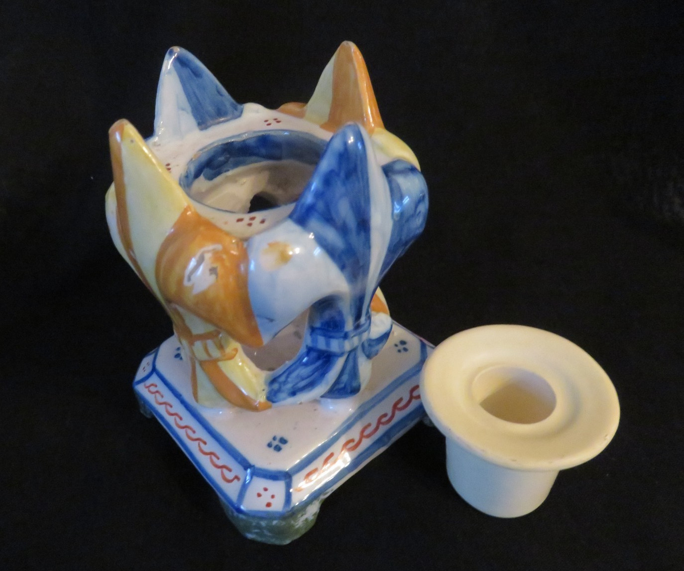 Vintage French Faience Handpainted Ink Well With Fleur de Lis Henriot Quimper