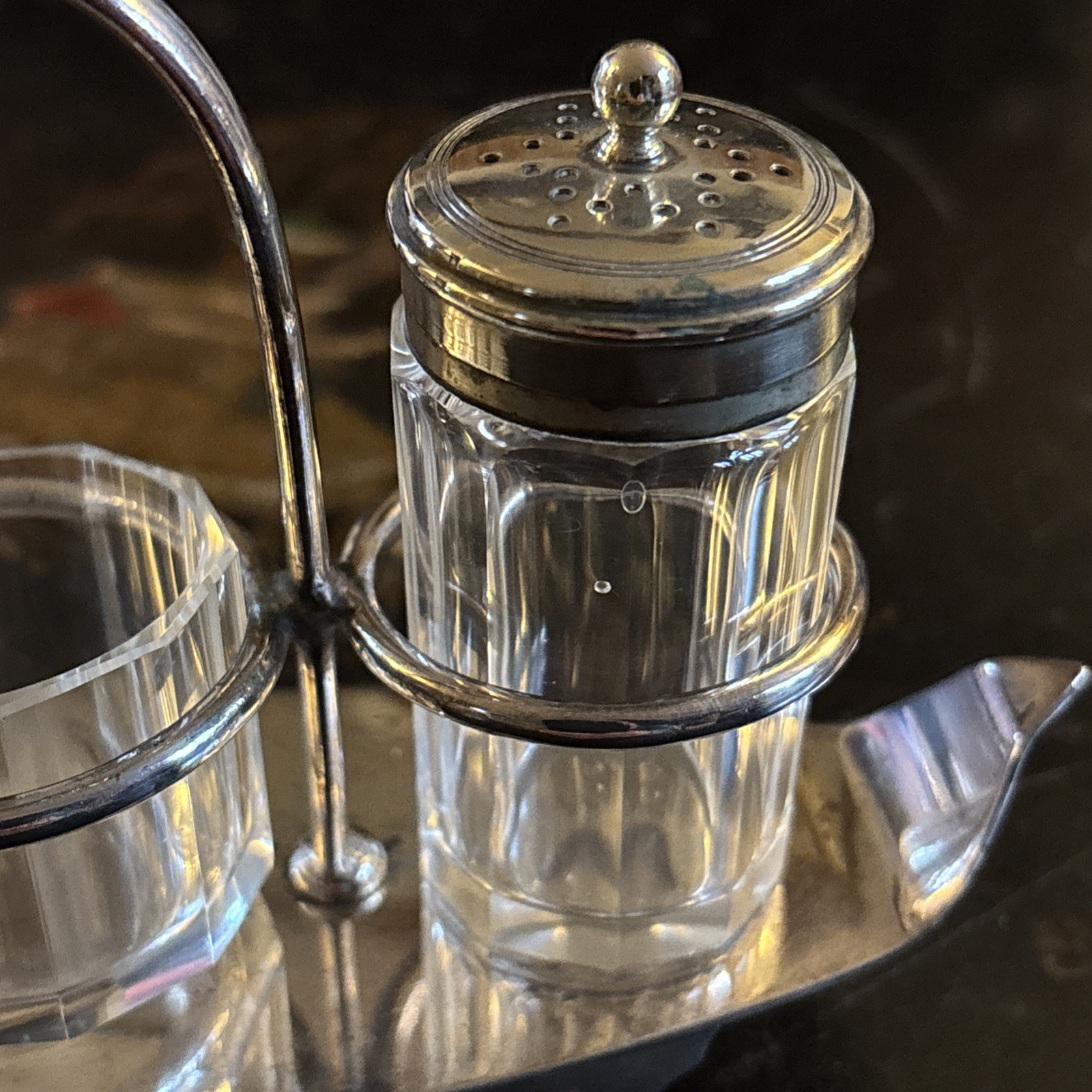 Antique Victorian Lee & Wigfull Silver Plate and Cut Glass Cruet Set