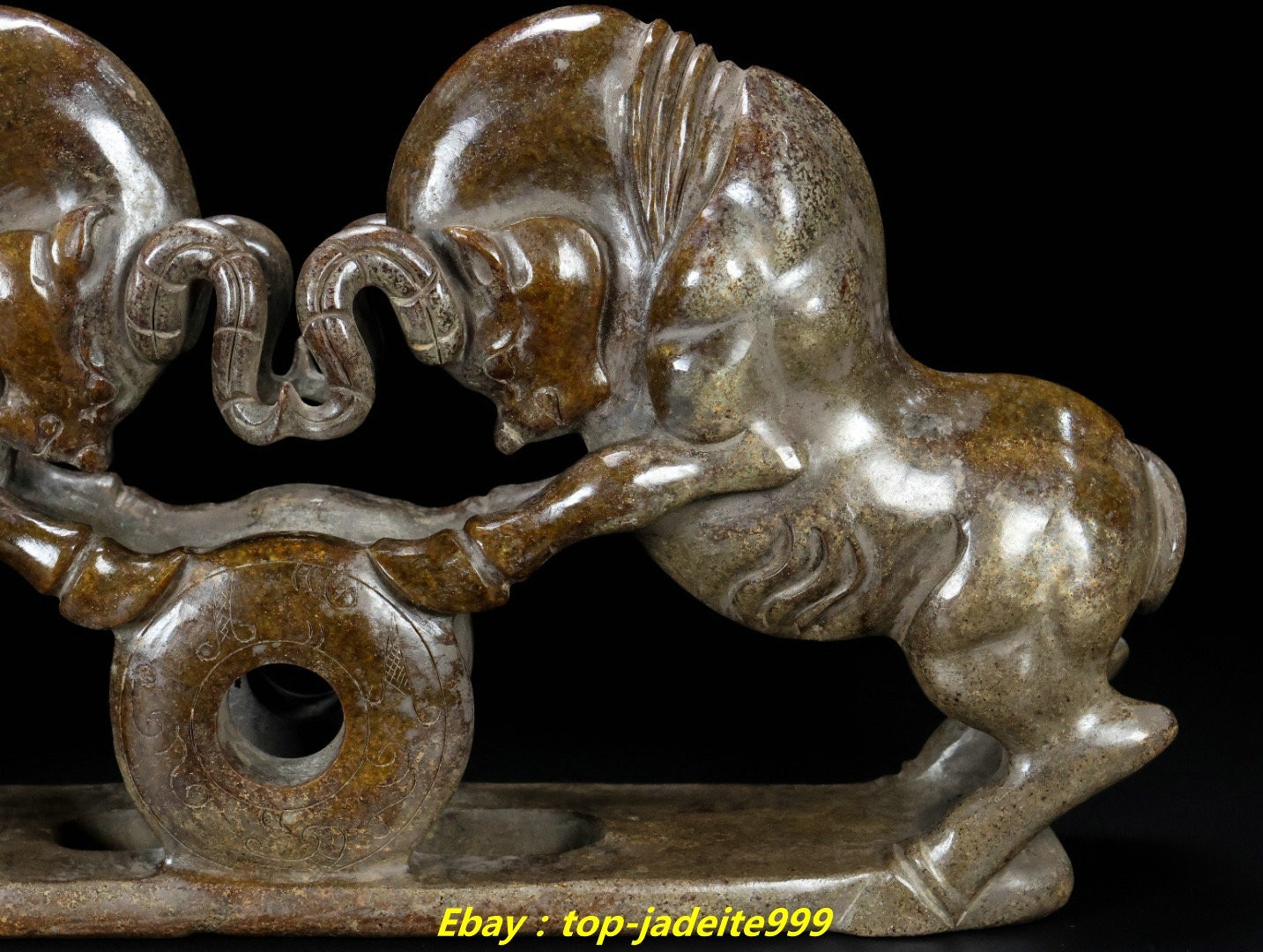 12.9″Old Han Dynasty Natural Hetian Jade Carved 2 Cattle Beast Animal Statue
