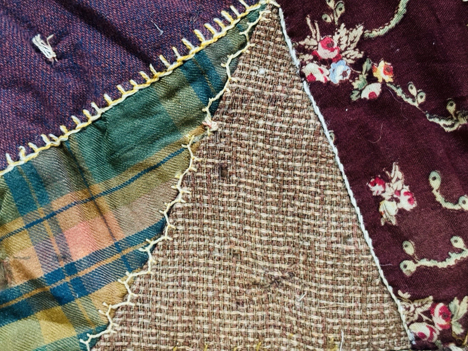 🌟1894 Antique Victorian Botanical Embroidered CRAZY QUILT Signed SARA A+ Skill