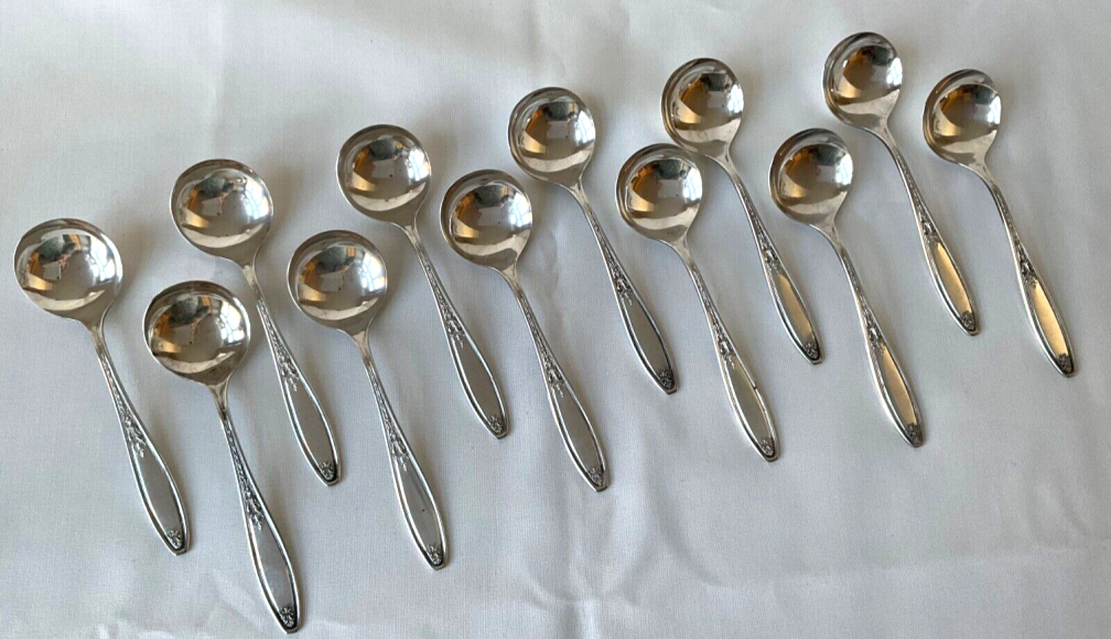 12 Antique Round 5” Chocolate Bouillon Spoons Rockford “Claybourne” Beautiful!