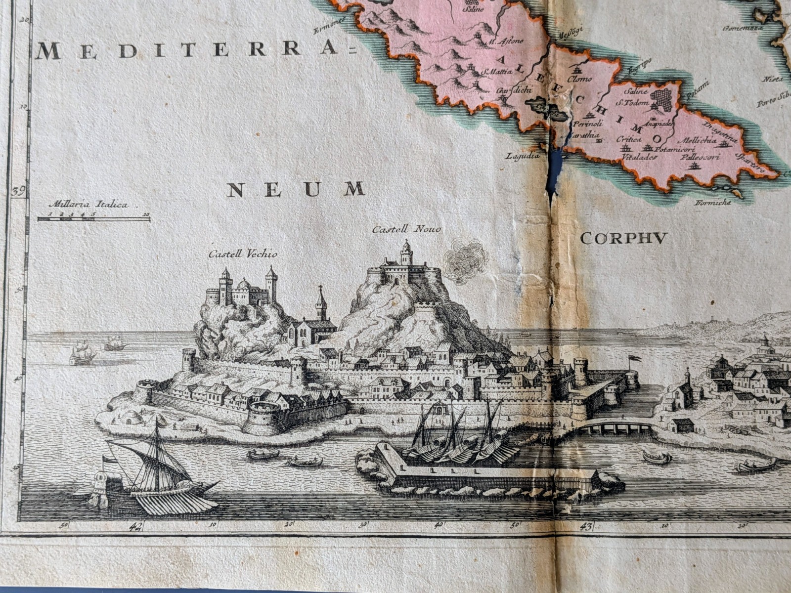 Corcyra Insulae Corfu & Epirus Map with Town View, Weigel c.1720 Hand Color