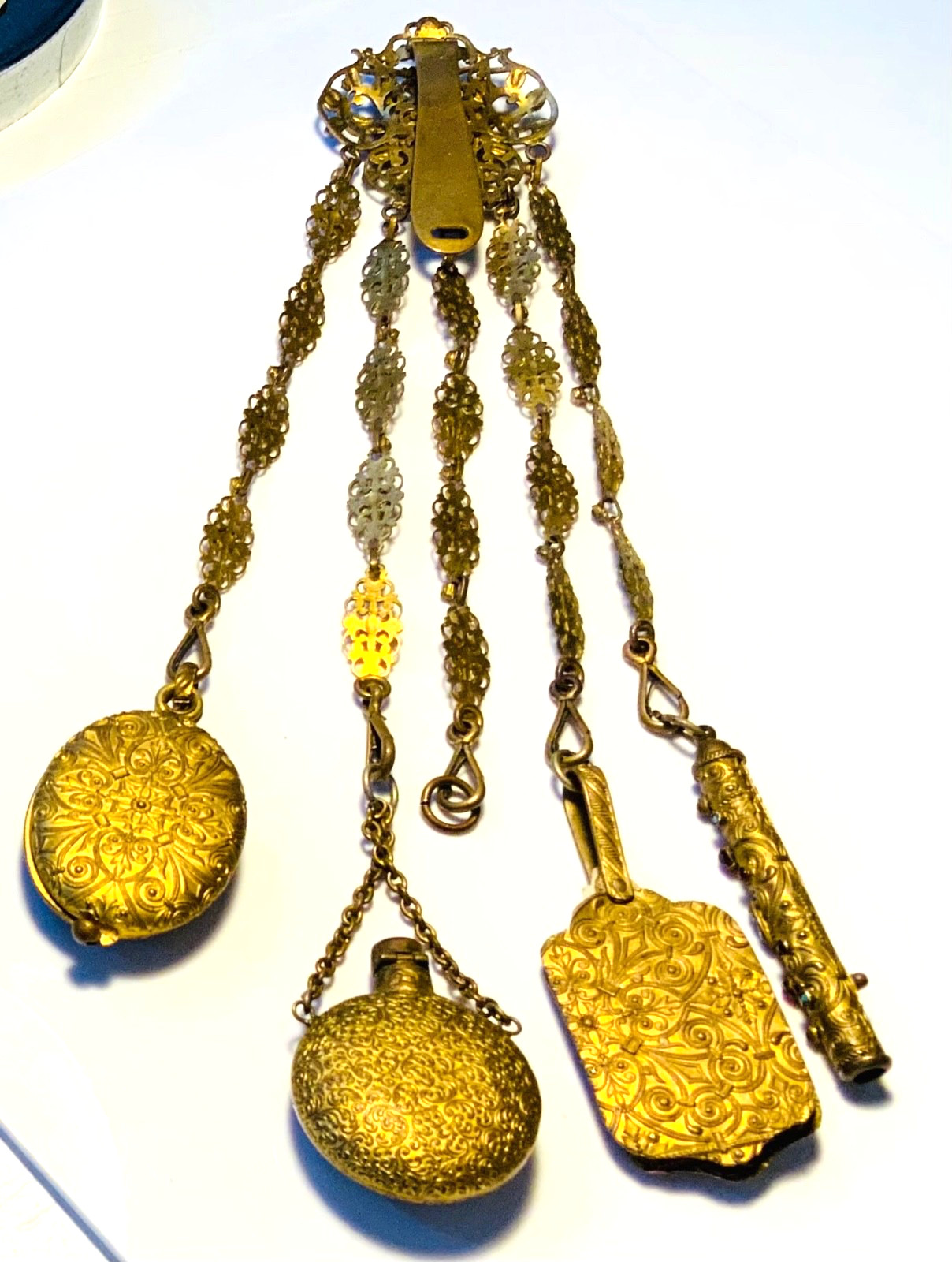 STUNNING! EXTREMELY ORNATE Antique BRASS*JEWELED*ENAMEL*FRENCH*Vanity CHATELAINE