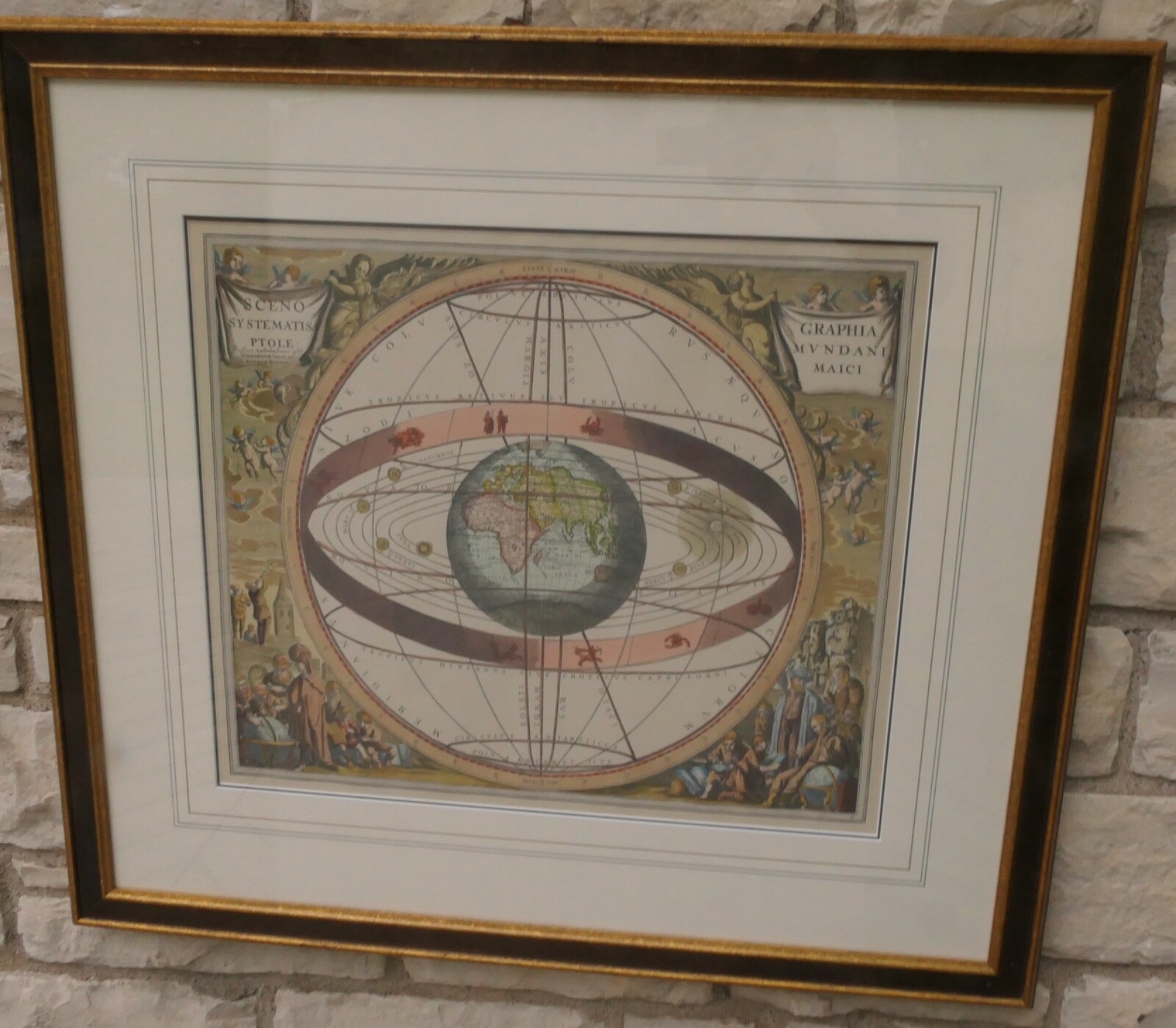 20TH CENTURY HAND PAINTED MAP OF WORLD CELLARIUS PTOLEMAIC SYSTEM 1660