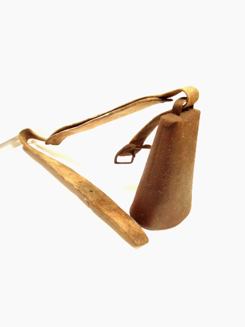 large vintage, unmarked, cow bell with stiff leather collar