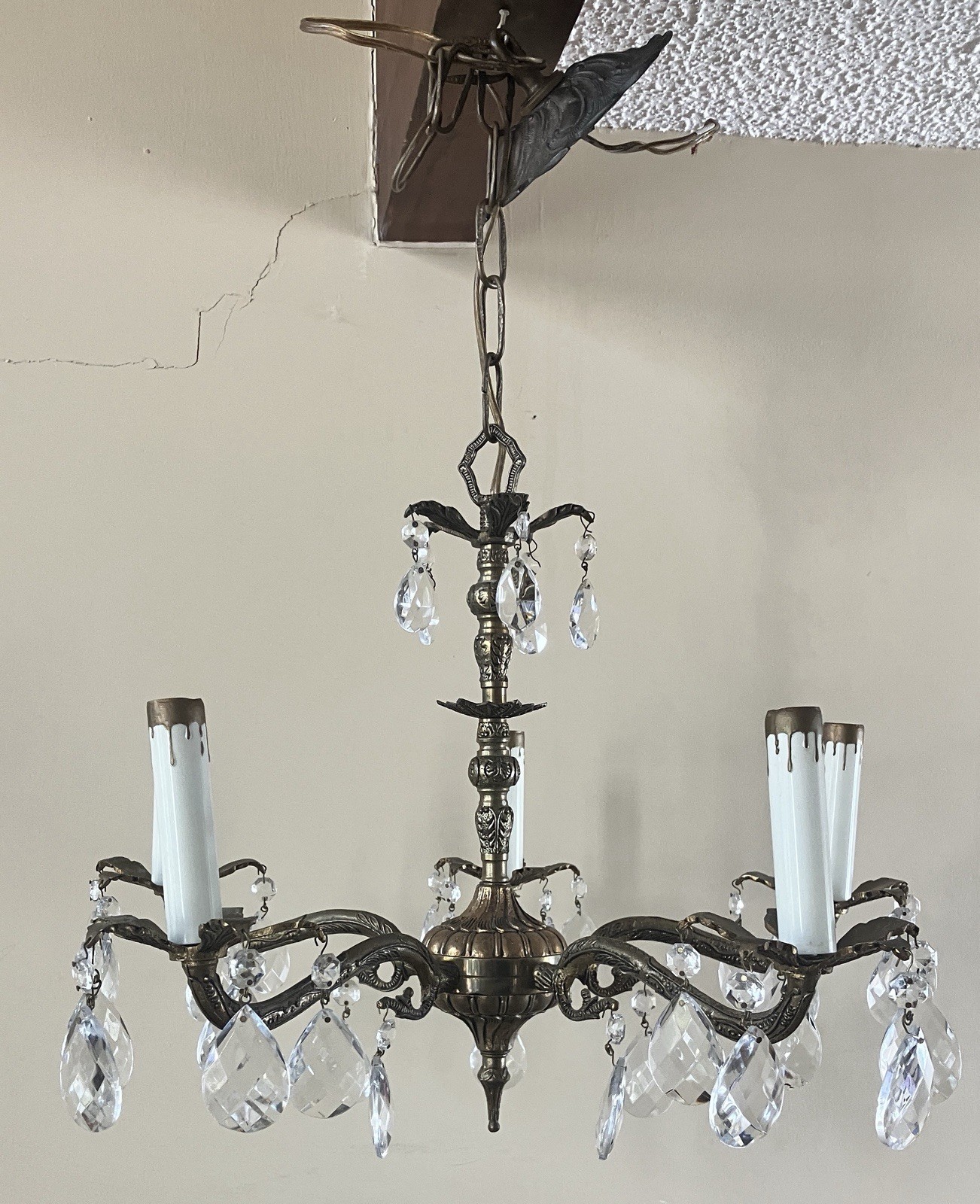 Spain / French Style Brass 5 Arm Chandelier W/ Crystal Prisms Antique VTG