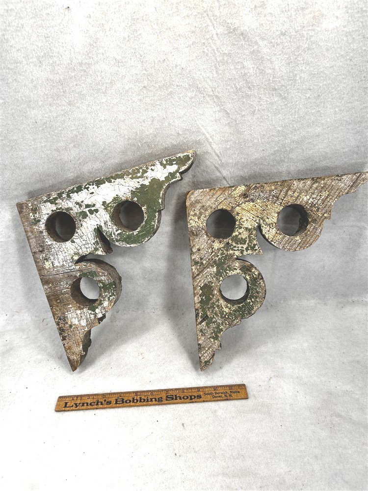 antique corbels wooden pair 12x12x 1 7/8 in grungy paint original Victorian 1800