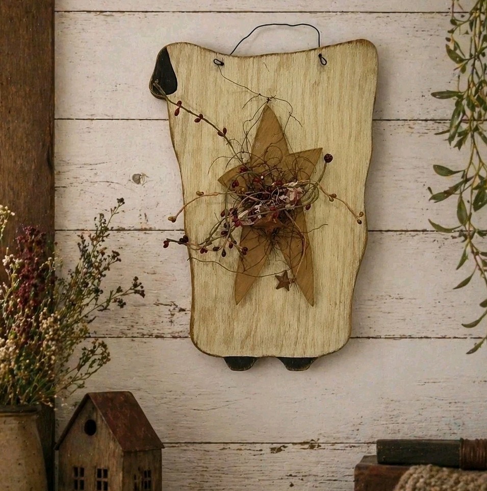 Country Primitive 3D Wooden Sheep Star Pip Berry Wall Decor Handmade Shabby 16.5