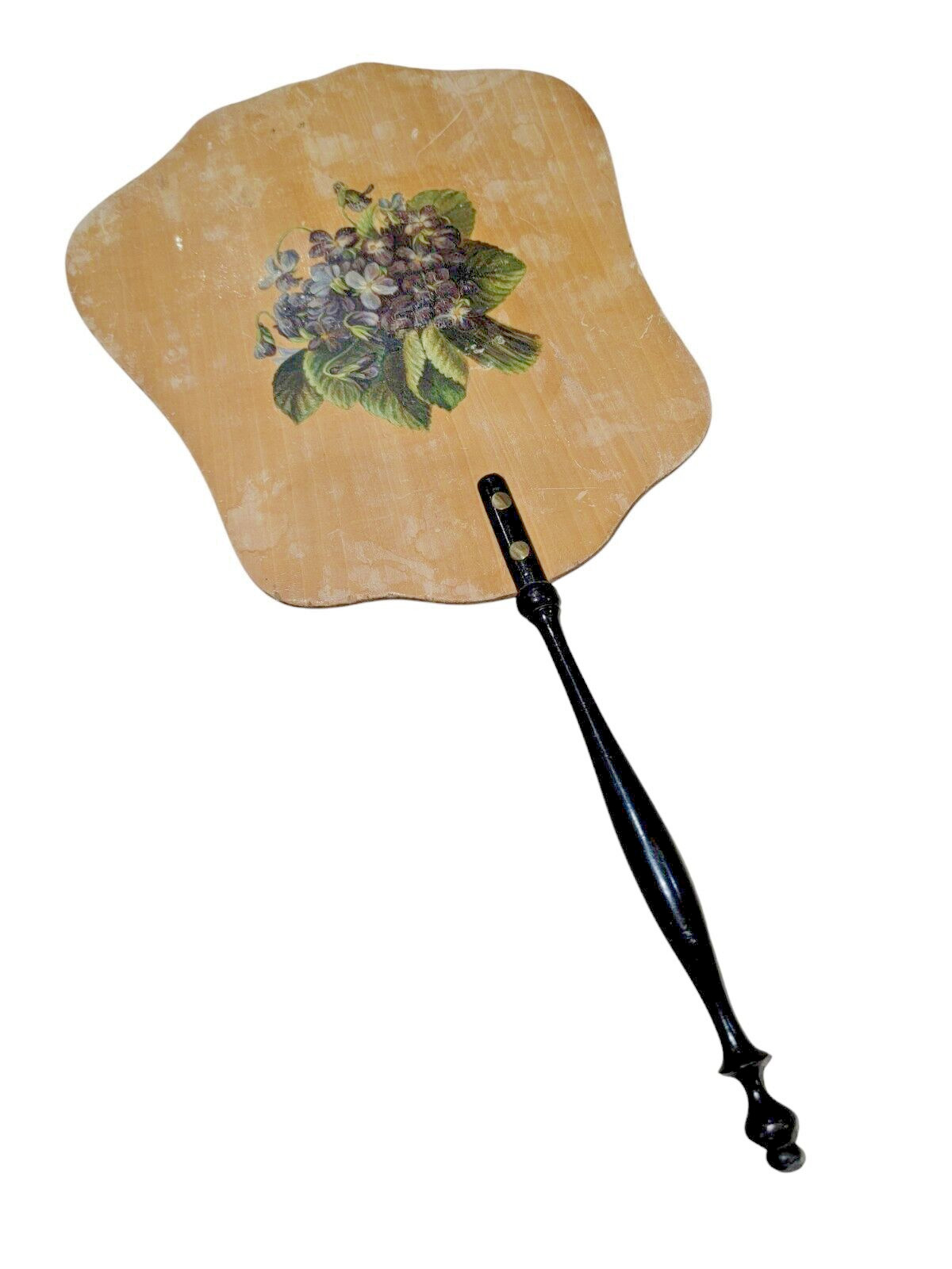 Antique Victorian Face Screen Fan Floral Transfer Design Turned Wood Handle