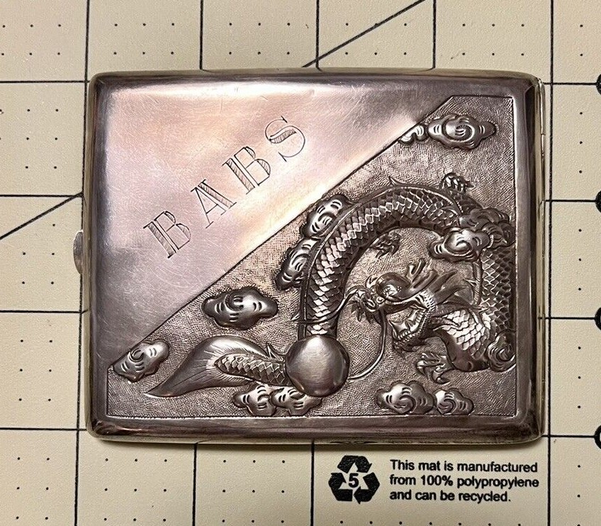 Antique Chinese Export Sterling Silver Dragon Cigarette Case Hallmark Monogram