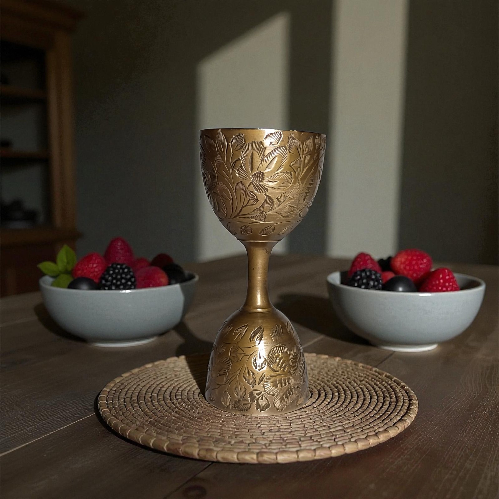 Antique Indian Early 19th Century Brass Double Measuring Cup W/ floral Design