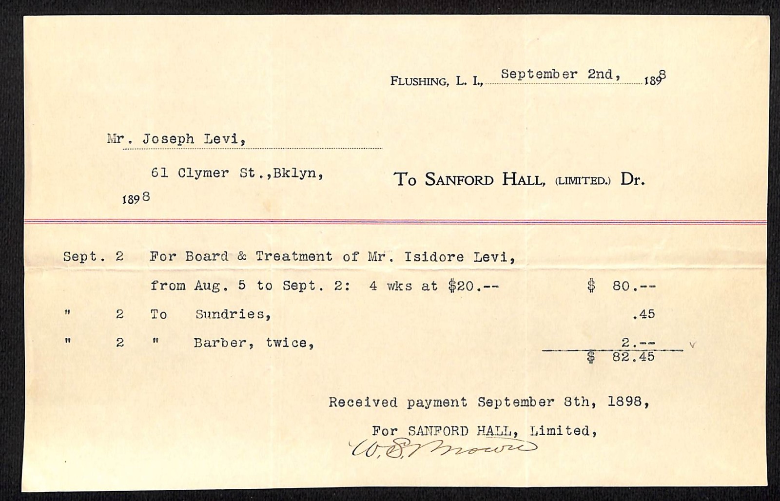 1898 Sanford Hall (Sanitarium) Flushing Queens Medical Treatment Billhead (#12)