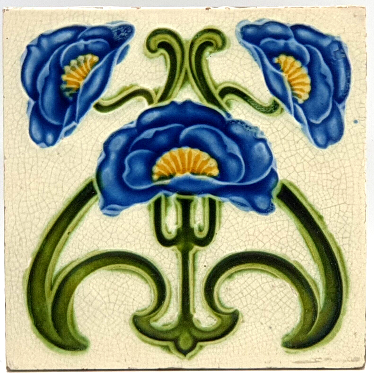 Art Nouveau Moulded Majolica Tile Blue Flowers Corn Bros C1905
