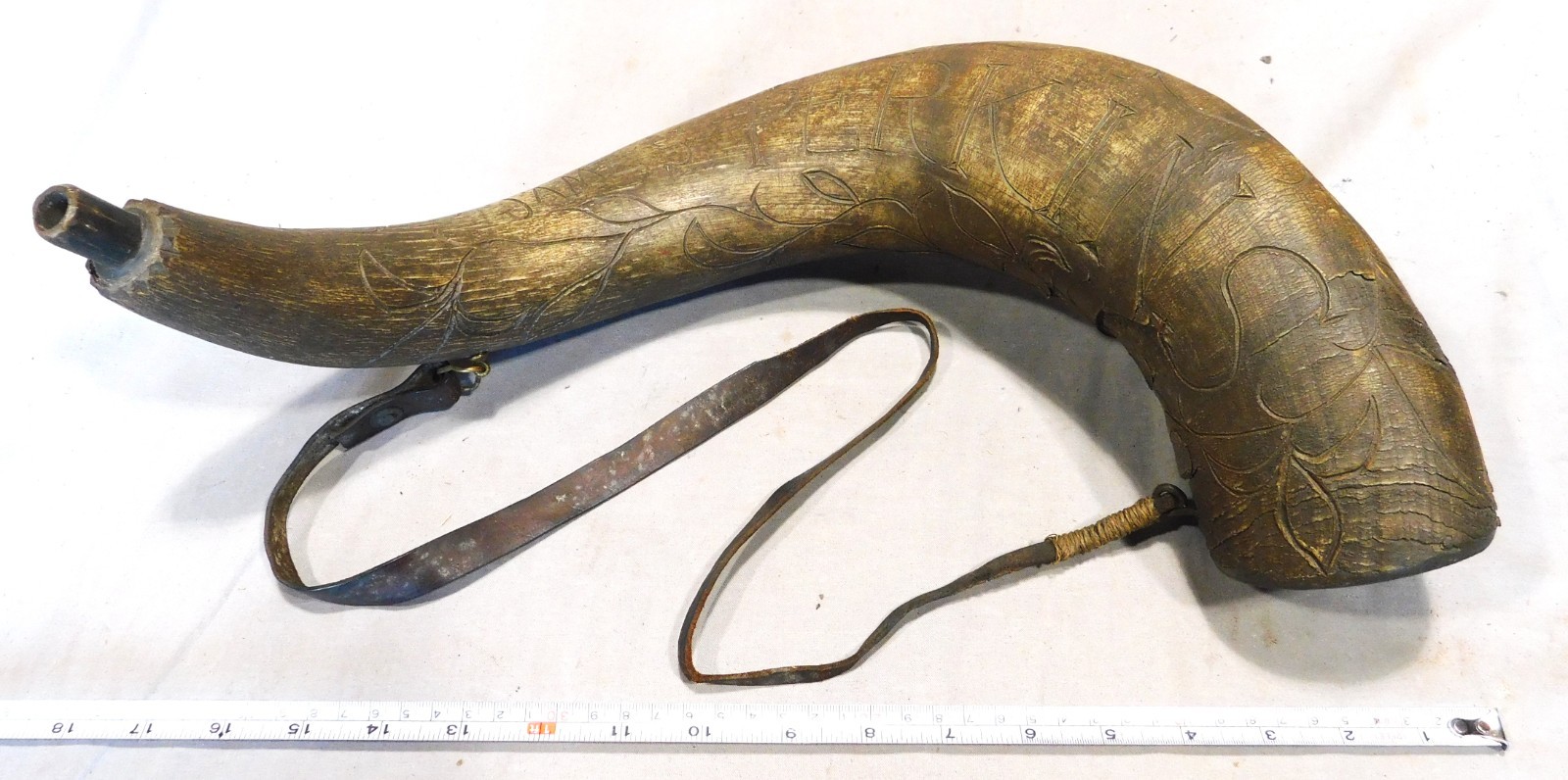 Antique Carved Powder Horn James Perkins Guilford CT Dated May 1852 Folk Art