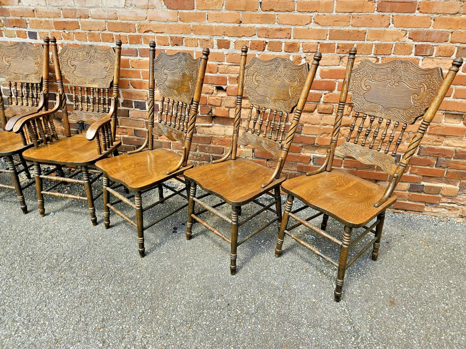 Vintage Solid Oak Pressed Back Dining Chairs – Rare set of 8