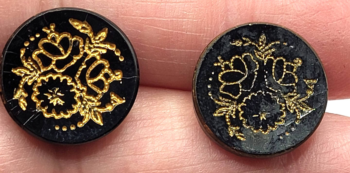 Antique Black and Gold Glass Buttons Lot of 2
