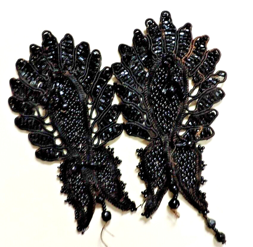 1800s 2 Victorian Handmade Fine Beaded Morning Appliqué/Epaulette Jet Black