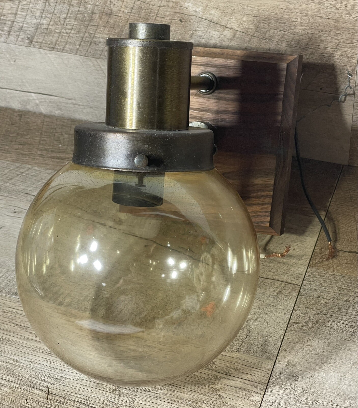 Vintage Brass Wood Round Amber Tint Glass Lighting Sconce Electric